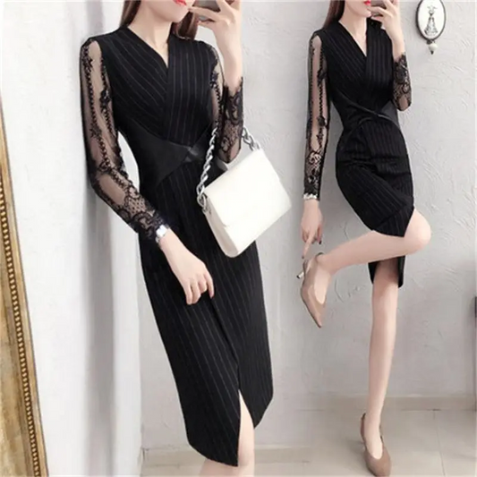 【Dress】大きいサイズレース切替スーツワンピース　Z8169