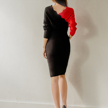 【Dress】Ｖネック配色タイトニットワンピース   W8010