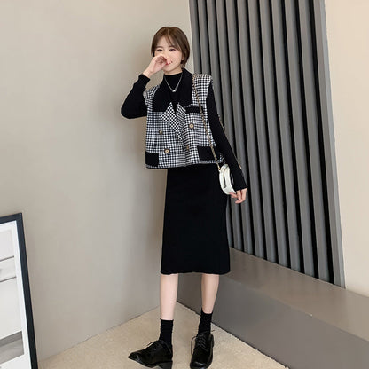 【Set】美人度アップ～フェミニン気質2点セット チェック柄ベスト +長袖ニットワンピース　Ｗ-3057