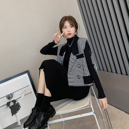 【Set】美人度アップ～フェミニン気質2点セット チェック柄ベスト +長袖ニットワンピース　Ｗ-3057