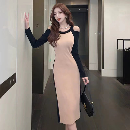 【Dress】肩見せ配色ニットワンピース　　Ｗ9284