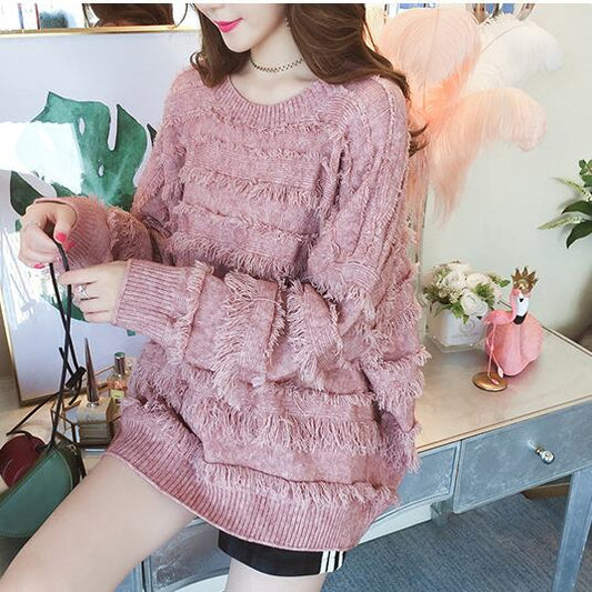 【tops】清新気質アップエレガントラウンドネックタッセルセーター3色