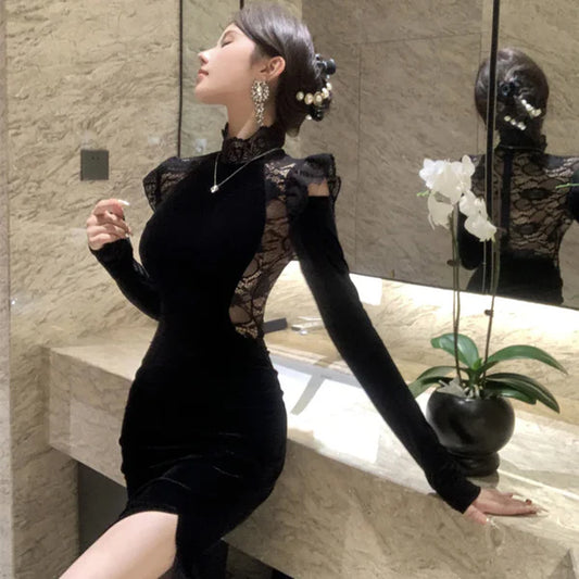 【Dress】秋冬レース切り替え長袖ワンピース    W14529