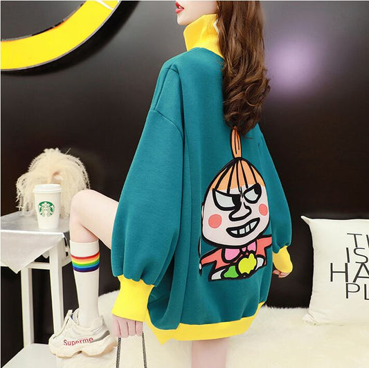 【tops】洋気ハイネックカートゥーンカラーマッチングパーカー3色