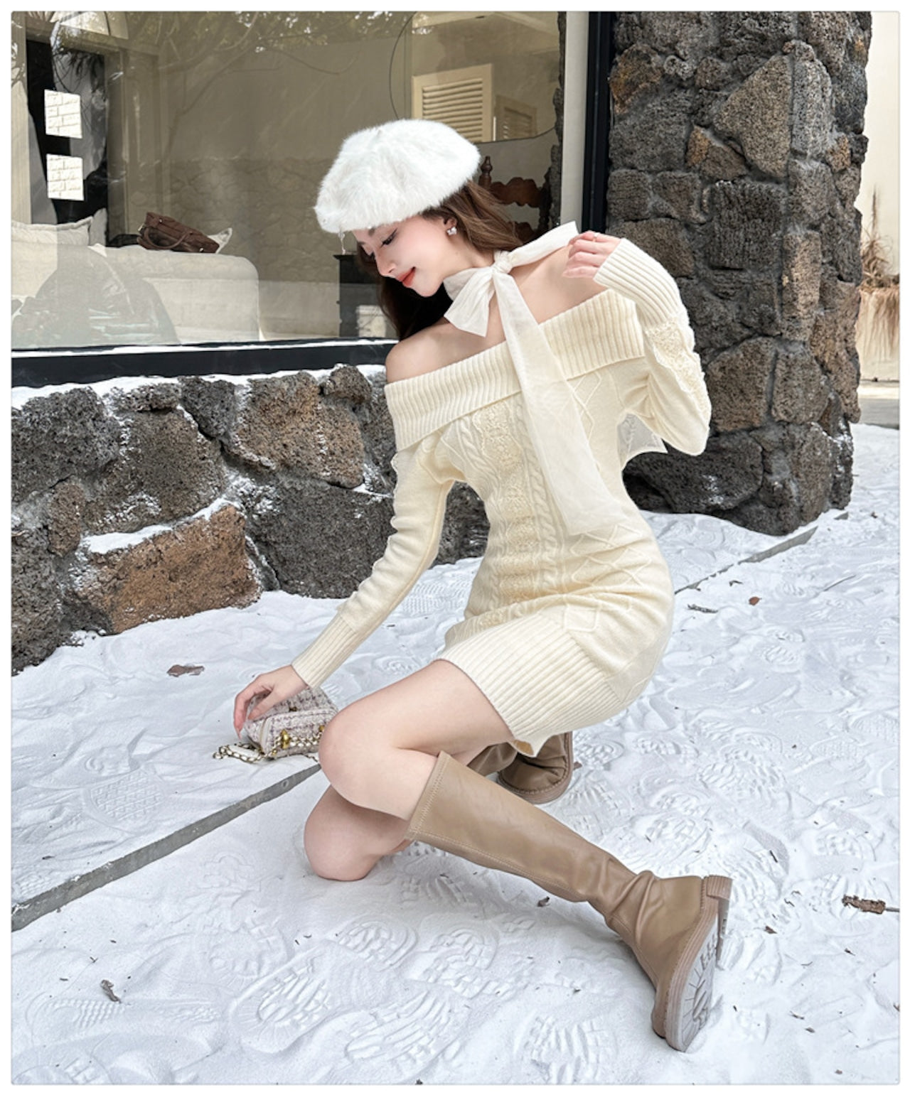 【Dress】リボンオフショルニットワンピース　W14595