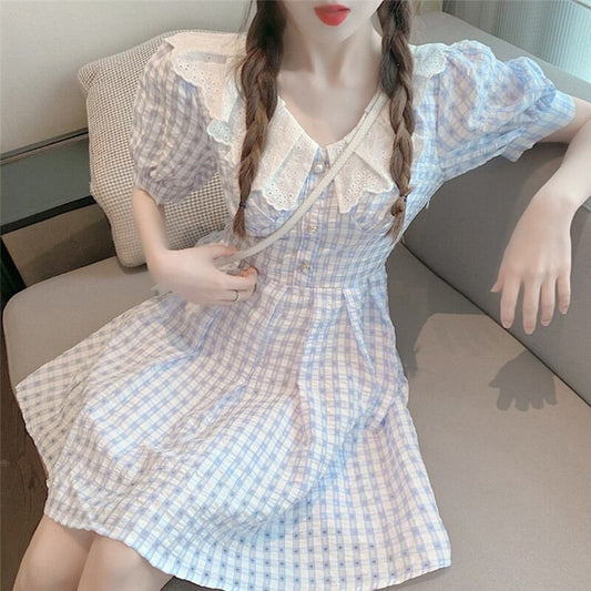【dress】美人度アップスウィートドールカラーセーターパフスリーブ森ガールチェック柄スカート