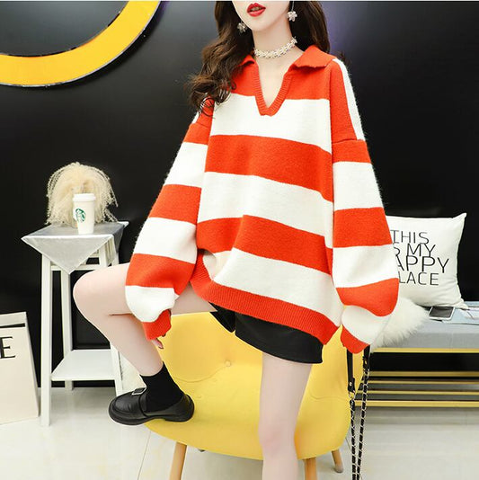 【tops】清新気質アップカジュアルストライプ柄セーターゆったり3色