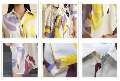 【Dress】高見え効果～ウエスト絞りプリントAライン半分袖シャツワンピース　W-6225