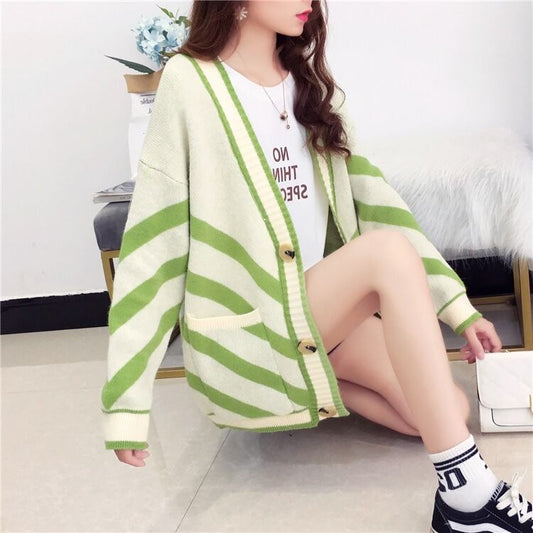 【outer】大人可愛い！キャンパスストライプ柄カーディガン4色