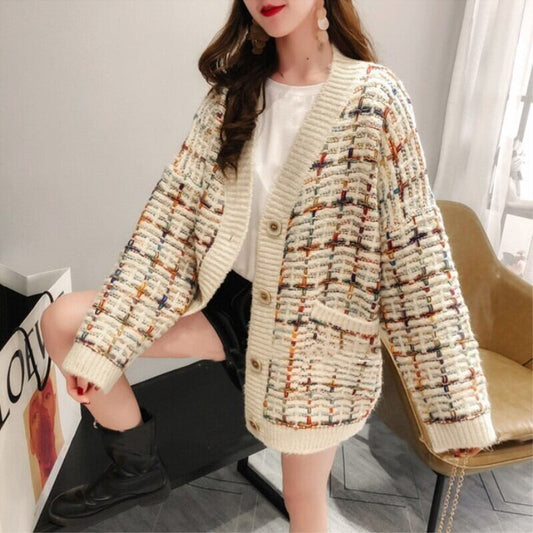 【outer】清新気質アップチェック柄カーディガン2色合わせやすい