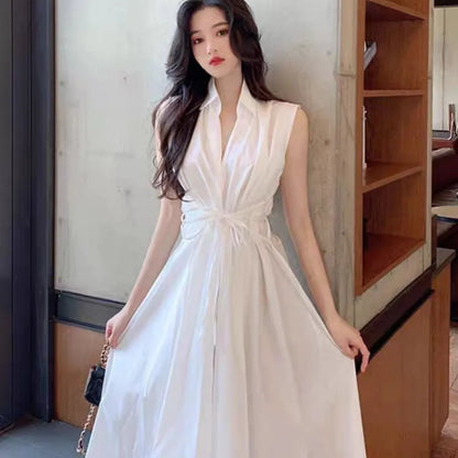 【Dress】大人気～ノースリーブウエスト絞りイレギュラー夏シャツワンピース   W-5939