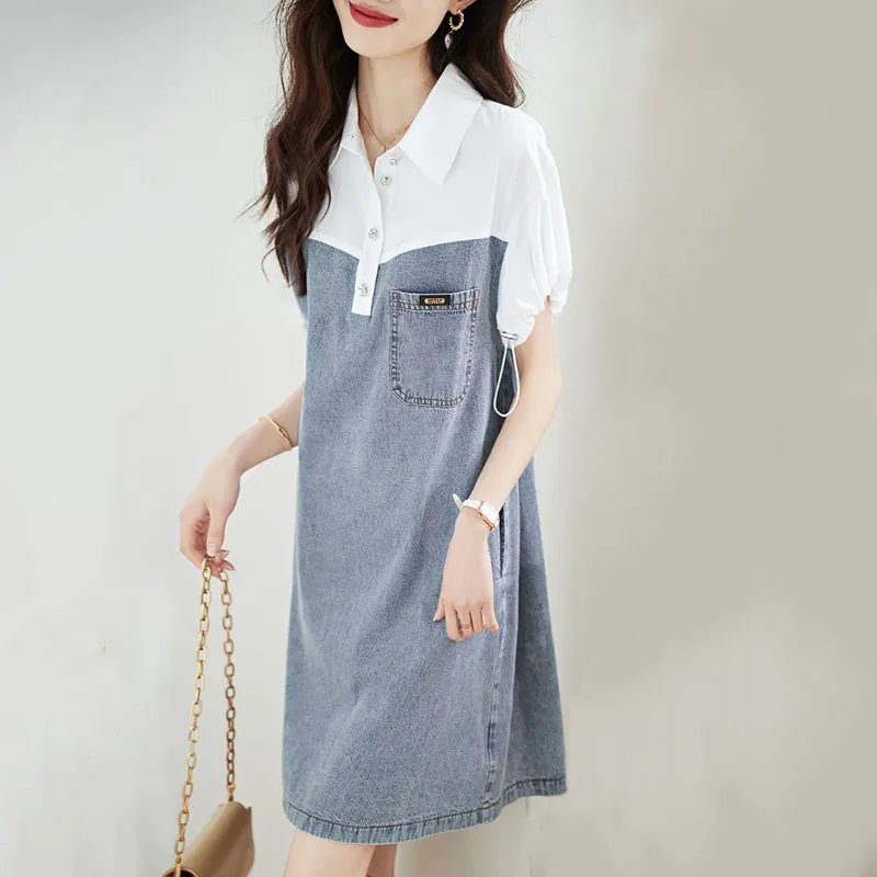 【Dress】大人カジュアル～半袖デニム切り替えシャツワンピース   W7708