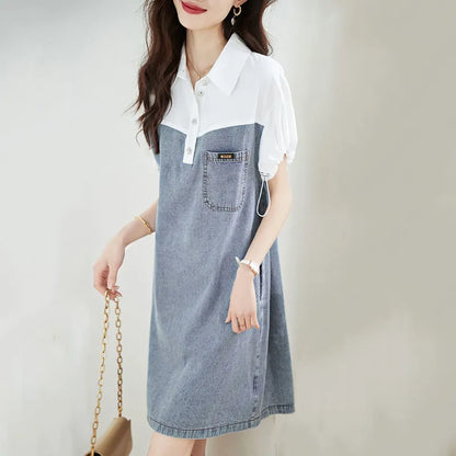【Dress】大人カジュアル～半袖デニム切り替えシャツワンピース   W7708
