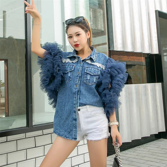 【tops】メッシュスリーブデニムトップスF6933