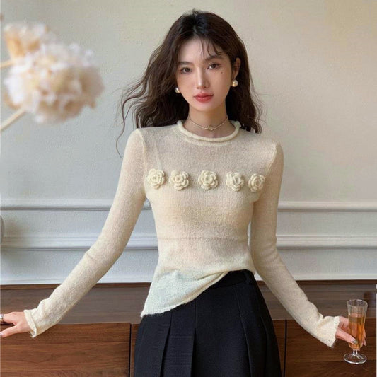 【Tops】フラワー長袖ニット    W13402