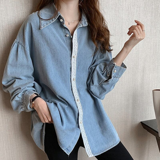 【tops】美人度アップ!韓国系レトロルーズシンプルデザインデニムシャツ