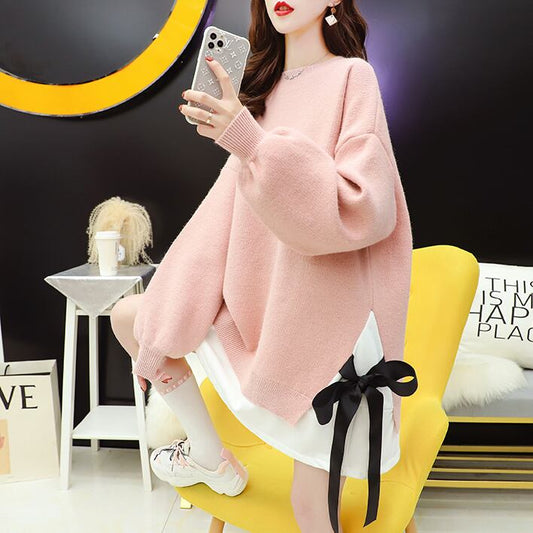 【tops】超人気ラウンドネック切り替えリボンセーターゆったり3色