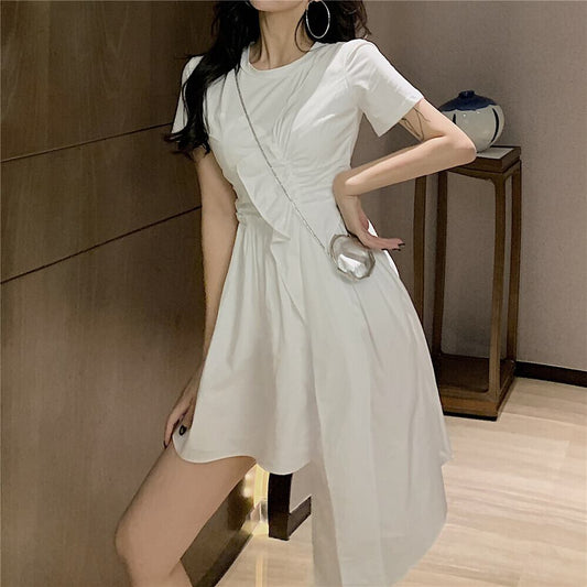 【dress】美人度アップ!韓国系イレギュラーフリルラウンドネックスカート