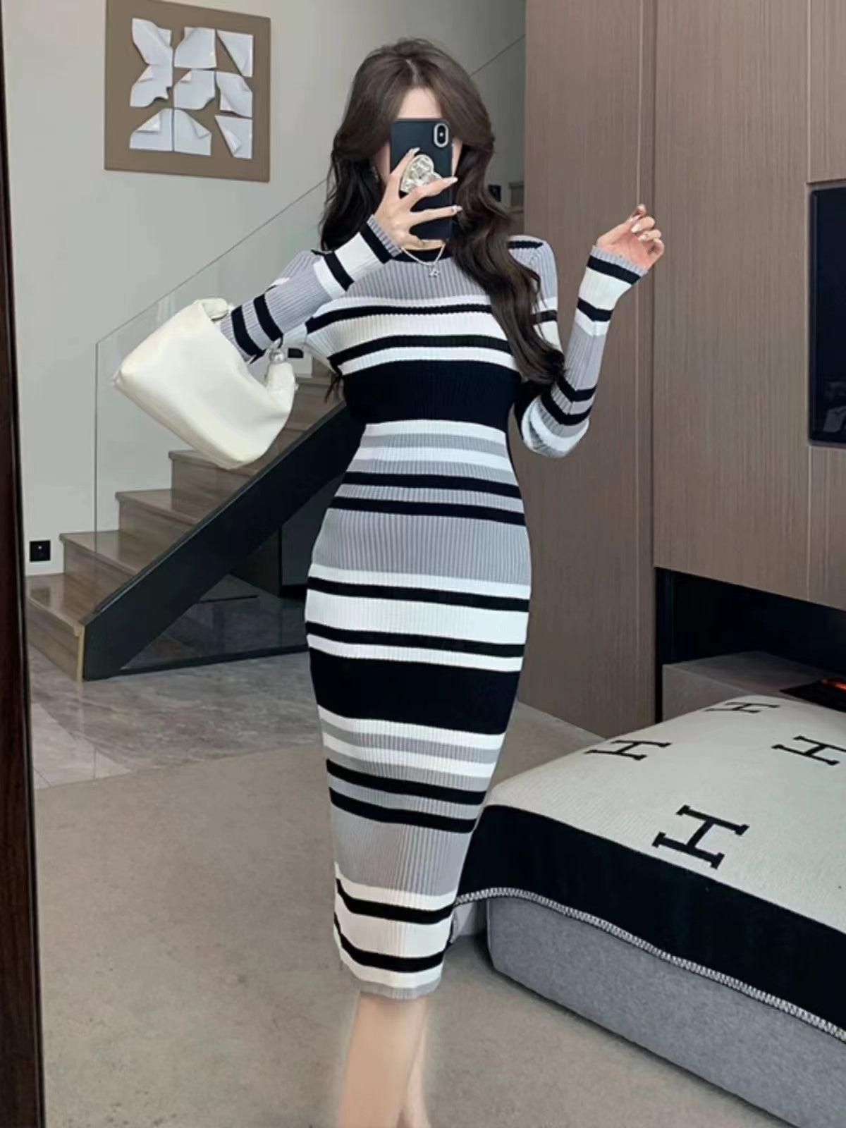 【Dress】ボーダー柄ニットワンピース　W14278
