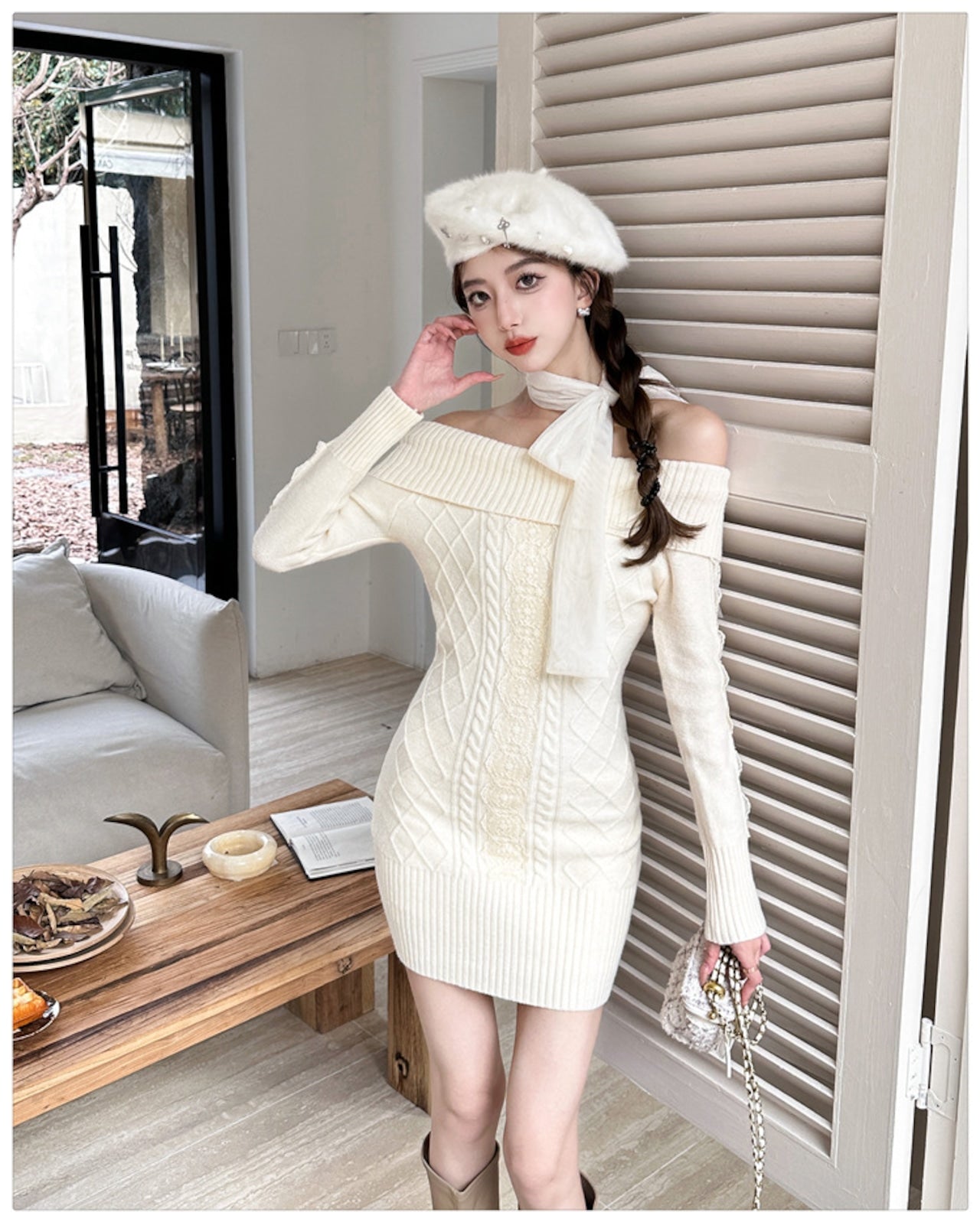 【Dress】リボンオフショルニットワンピース　W14595