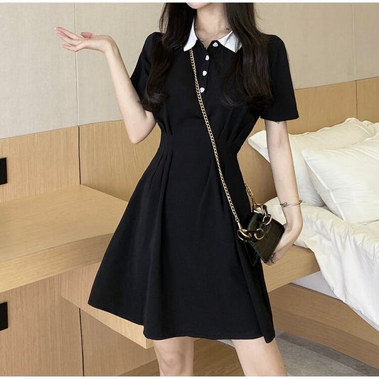 【dress】美人度アップ韓国系レトロスウィートPOLOネックワンピース