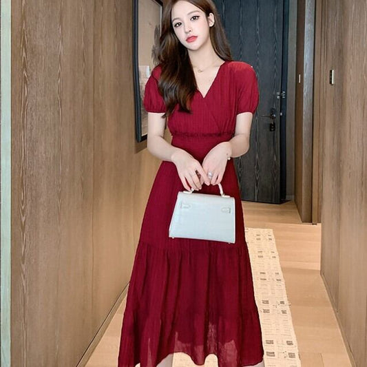 【dress】美人度アップ韓国系スウィート森ガールVネックチュニックスカート