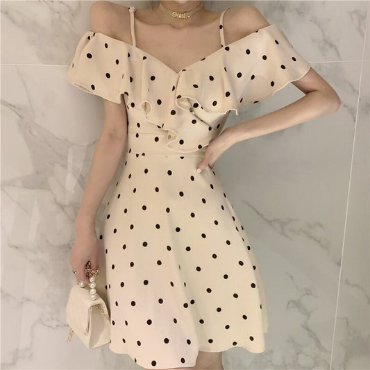 【dress】美人度アップ!韓国系セクシーVネックフリルオフショルダーAライン