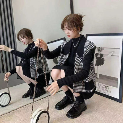 【Set】美人度アップ～フェミニン気質2点セット チェック柄ベスト +長袖ニットワンピース　Ｗ-3057