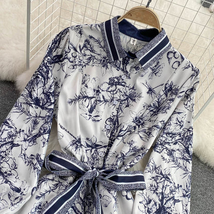 【Dress】長袖プリントシャツワンピース　 W14102