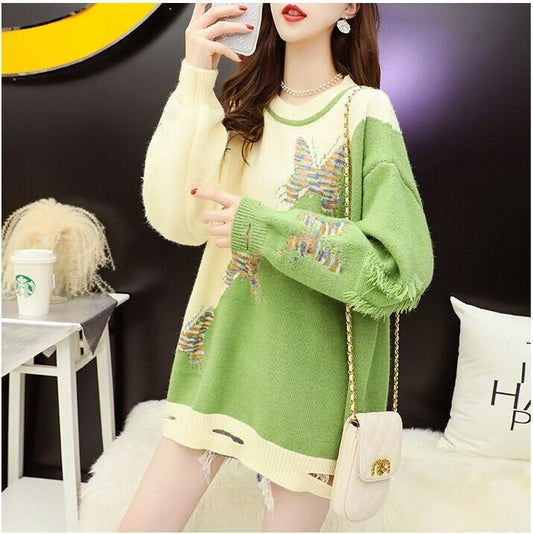 【tops】秋新作ダメージ加工タッセルセーター3色配色超人気