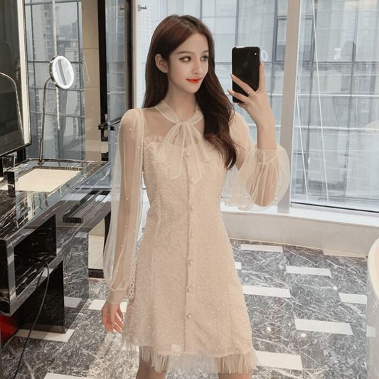 【dress】美人度アップ韓国系スウィート超人気リボン切り替え洋気Aライン