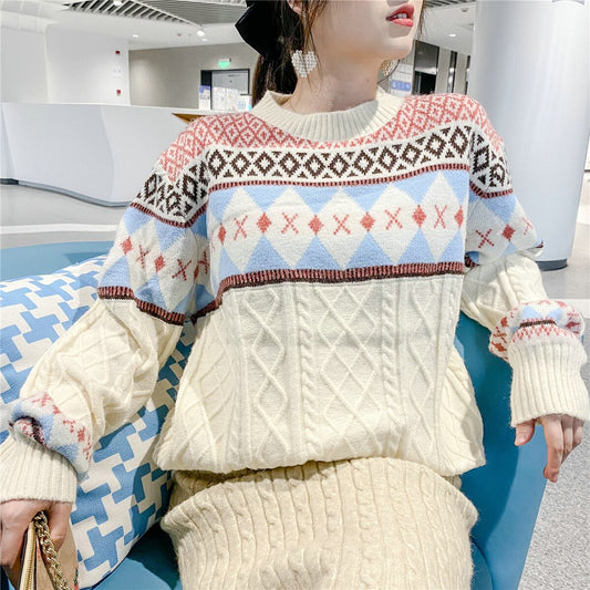 【tops】絶対流行エスニックレトロニットセーターゆったり2色