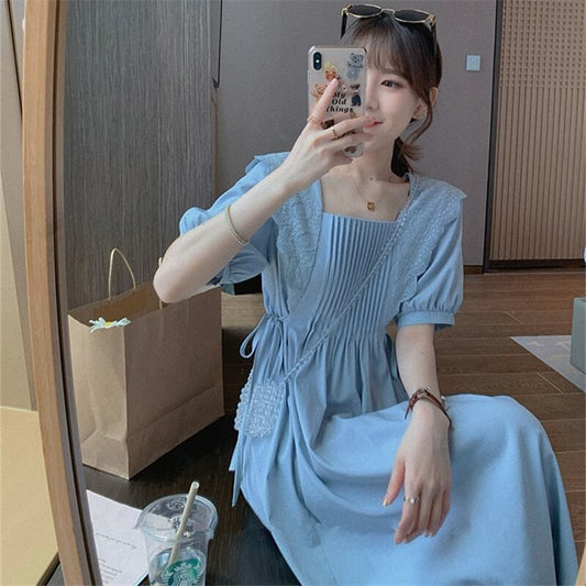 【dress】美人度アップスウィート森ガールスクエアネックパフスリーブ気質スカート