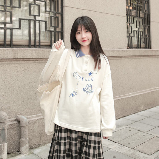 【tops】大人可愛い韓国系スウィートルーズPOLOネックカートゥーンプリントパーカー