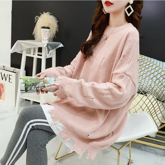 【tops】ラウンドネックファッションダメージ加工セーター2色