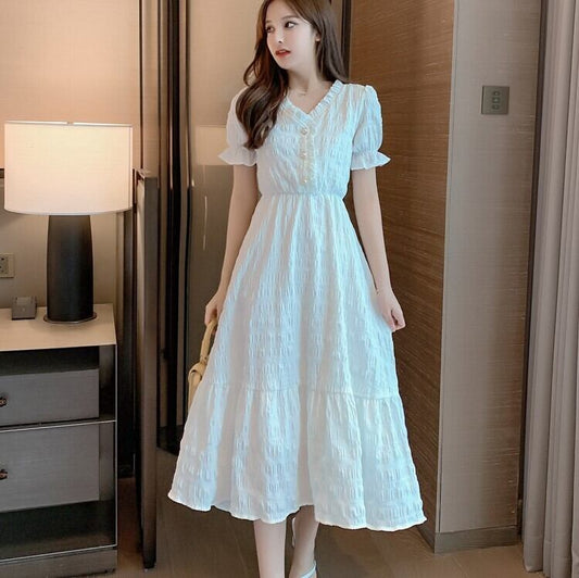 【dress】美人度アップ韓国系スウィート超人気レトロスカラップスリーブAライン