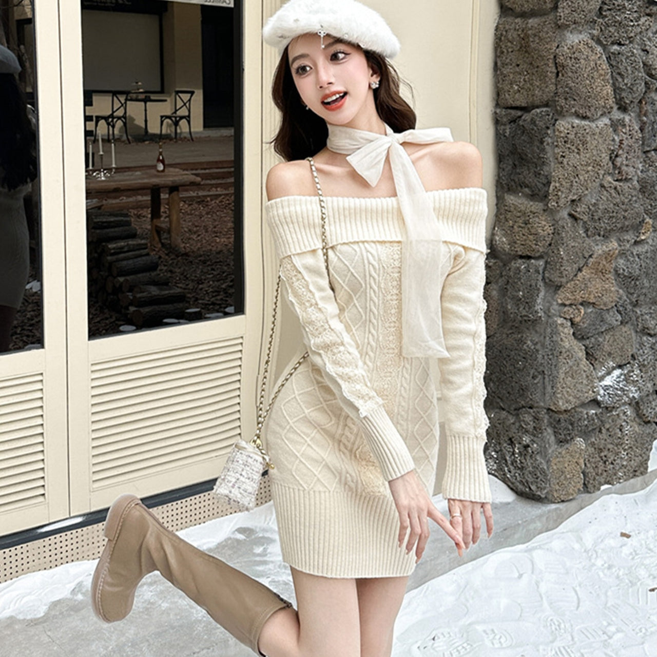 【Dress】リボンオフショルニットワンピース　W14595