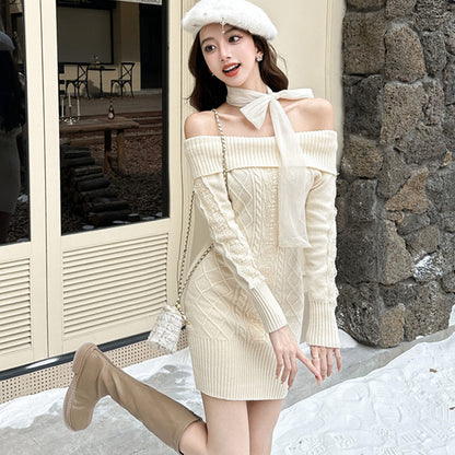 【Dress】リボンオフショルニットワンピース　W14595