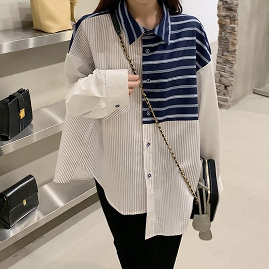 【tops】美人度アップ!韓国系レトロルーズデザインイレギュラーシャツ