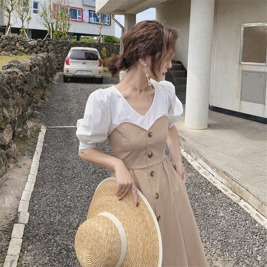 【dress】美人度アップレトロスウィート森ガールVネック気質パフスリーブワンピース