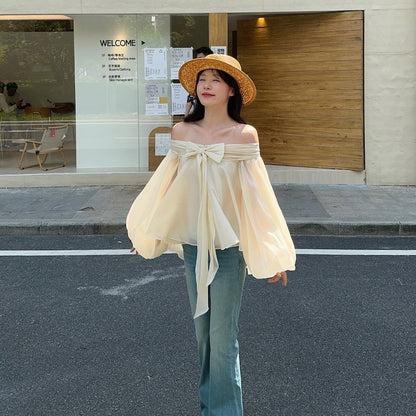 【Tops】リボン付きオフショルダーフリルシャツ T01854