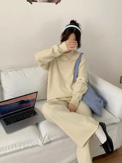 【Set】折り襟セーター+パンツ　ニットセット　Z8382