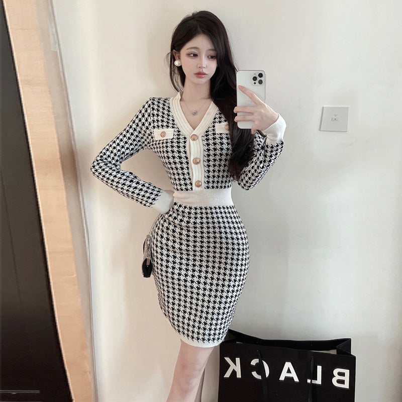 【Dress】千鳥格子ニットワンピース　Z7885