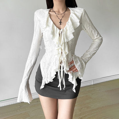 【Tops】VネックフリルTシャツ T01223