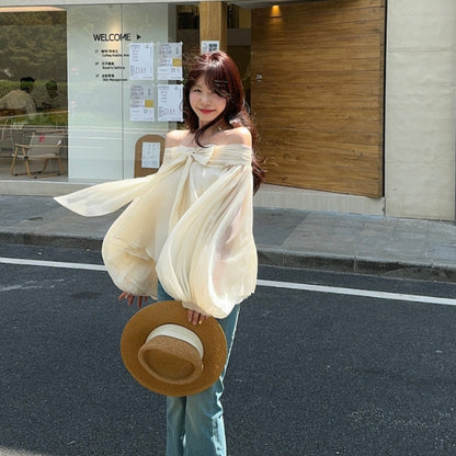 【Tops】リボン付きオフショルダーフリルシャツ T01854