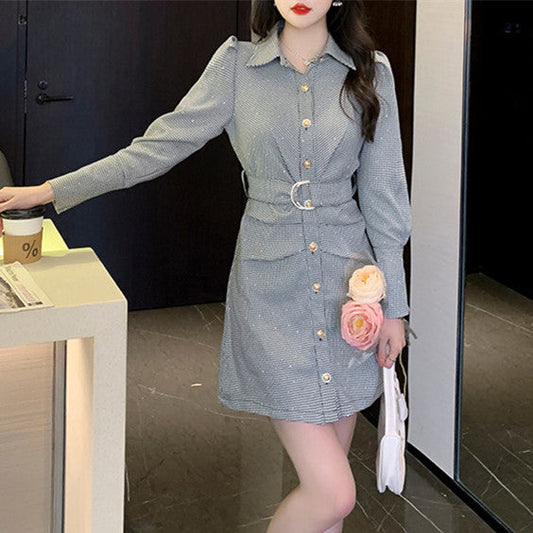 【Dress】チェック柄長袖シャツワンピース      W8084