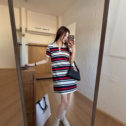 【Dress】POLOネックストライプワンピース  T01582