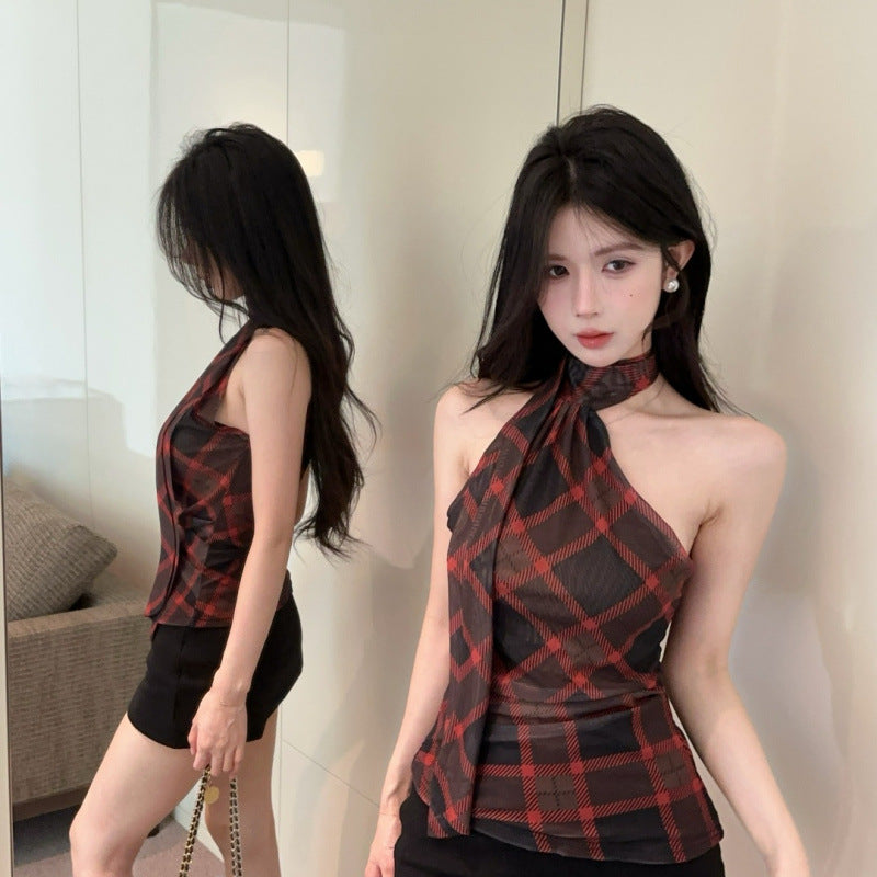 【Tops】チェック柄リボンネックホルダーベスト T01758