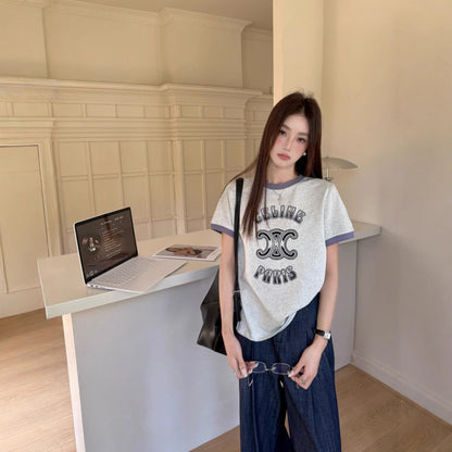 【Tops】ラウンドネック配色Tシャツ T01548
