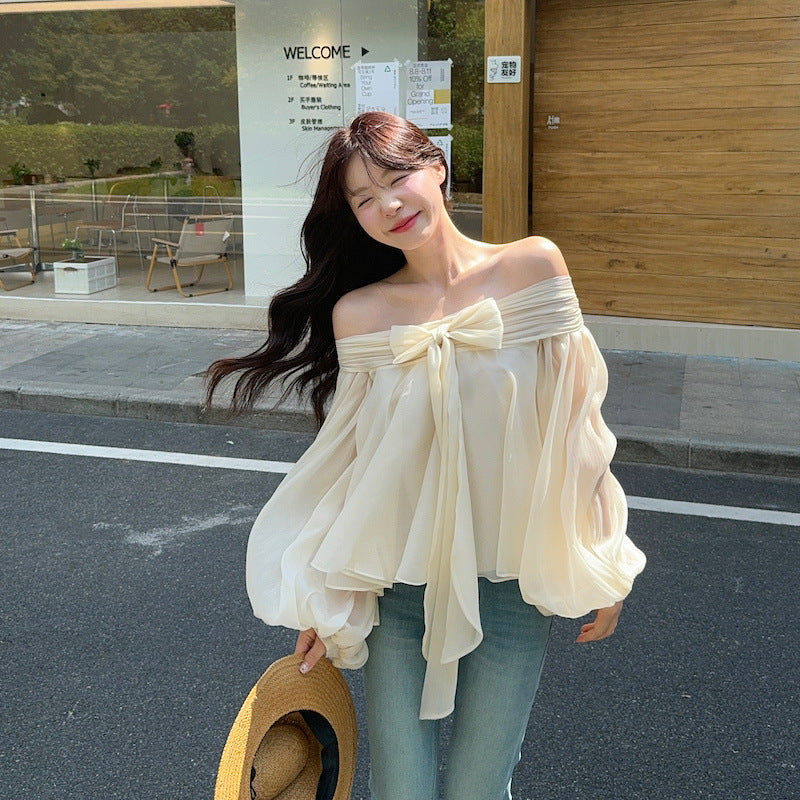 【Tops】リボン付きオフショルダーフリルシャツ T01854